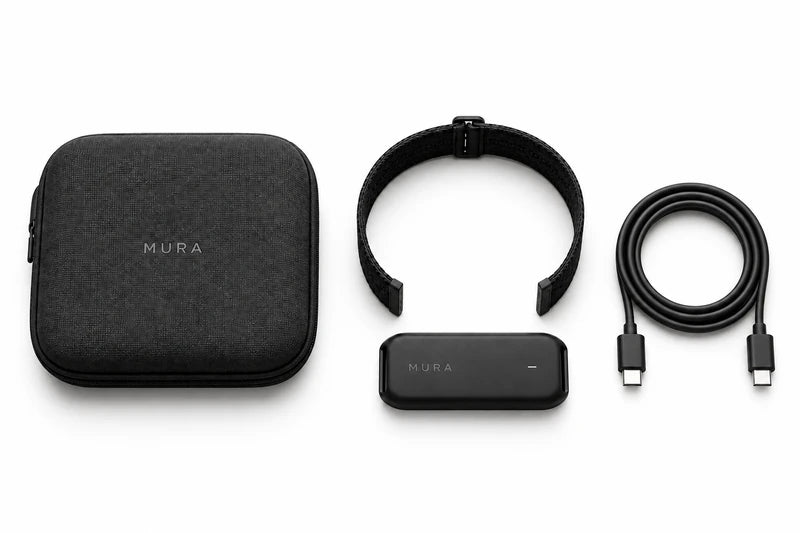 A carrying case, adjustable band, separate Mura sensing module, and a USB-C to USB-C charging cable, arranged from above
