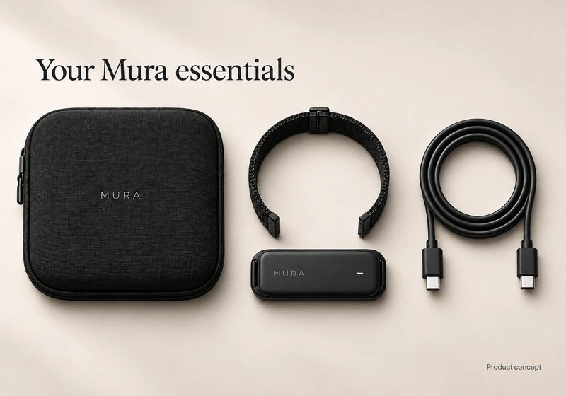 Mura kit in Carbon with a carrying case, adjustable band, separate sensing module, and USB-C to USB-C charging cable